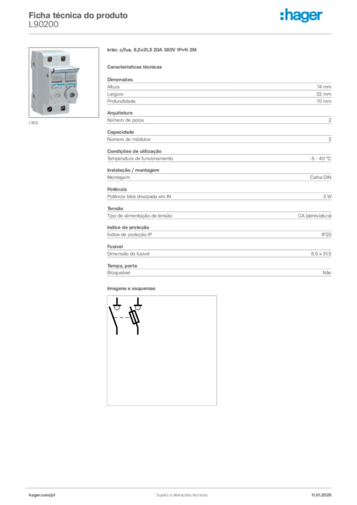 Imagem Hager Ficha técnica do produto L90200 | Hager Portugal