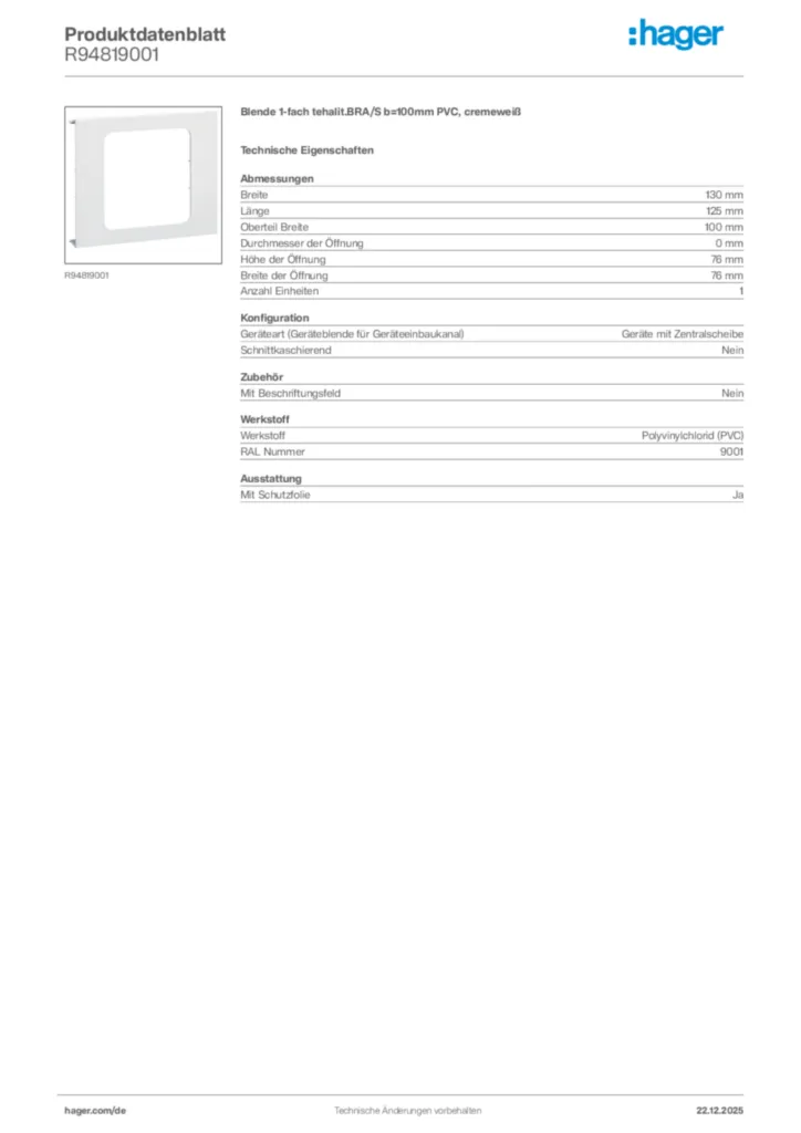 Bild Hager Produktdatenblatt R94819001 | Hager Deutschland