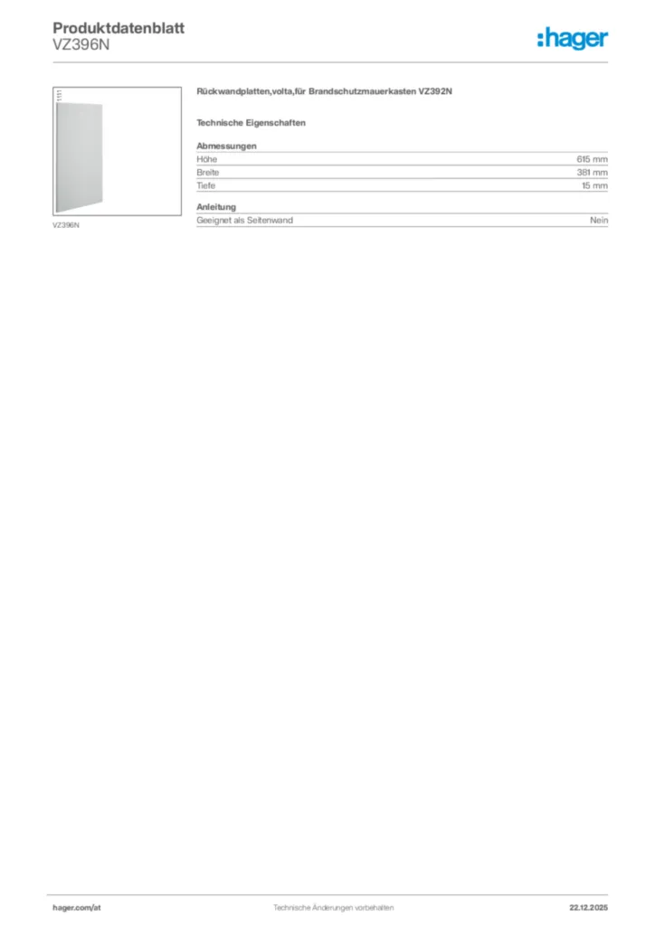 Bild Hager Produktdatenblatt VZ396N | Hager Deutschland