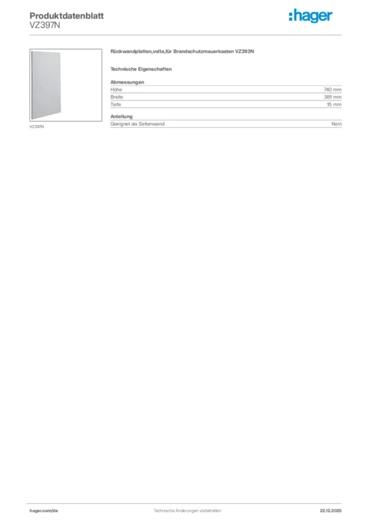 Bild Hager Produktdatenblatt VZ397N | Hager Deutschland