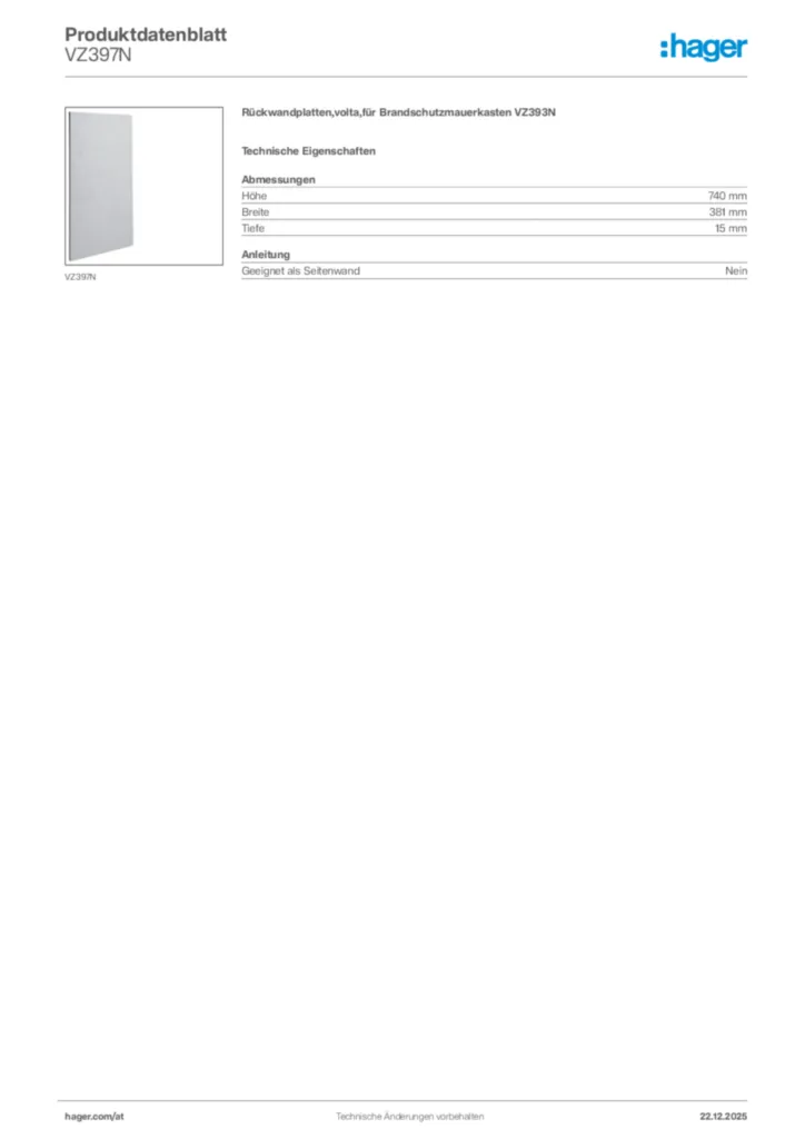 Bild Hager Produktdatenblatt VZ397N | Hager Deutschland