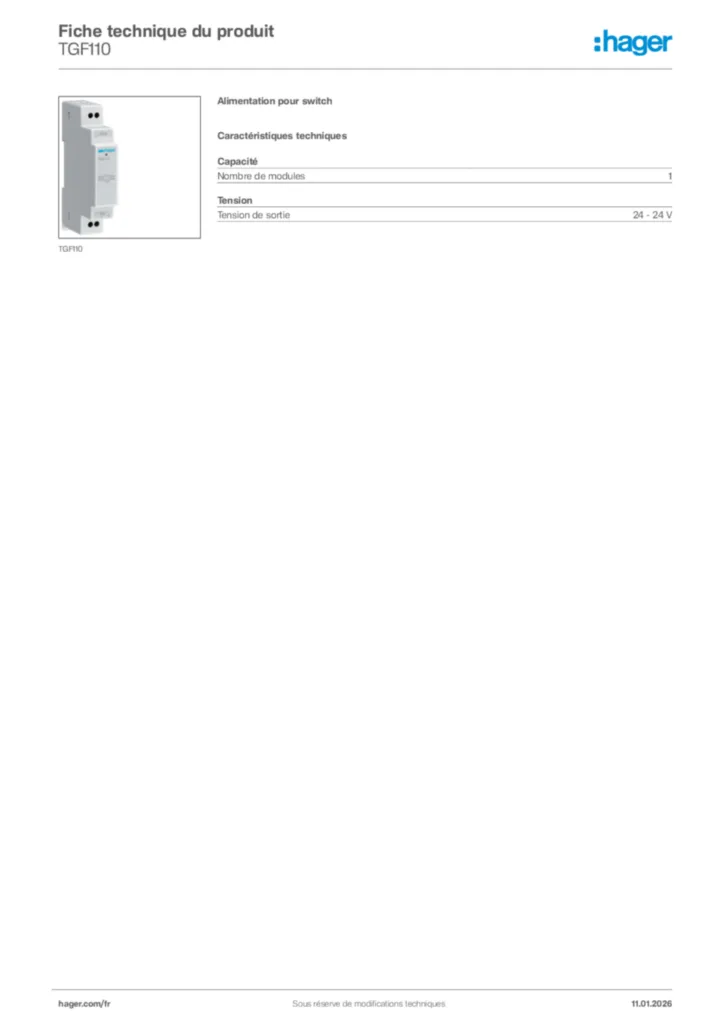 Image Hager Fiche technique du produit TGF110 | Hager France