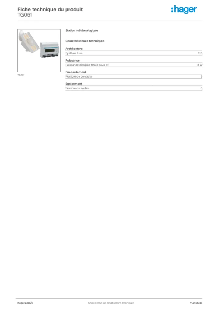 Image Hager Fiche technique du produit TG051 | Hager France