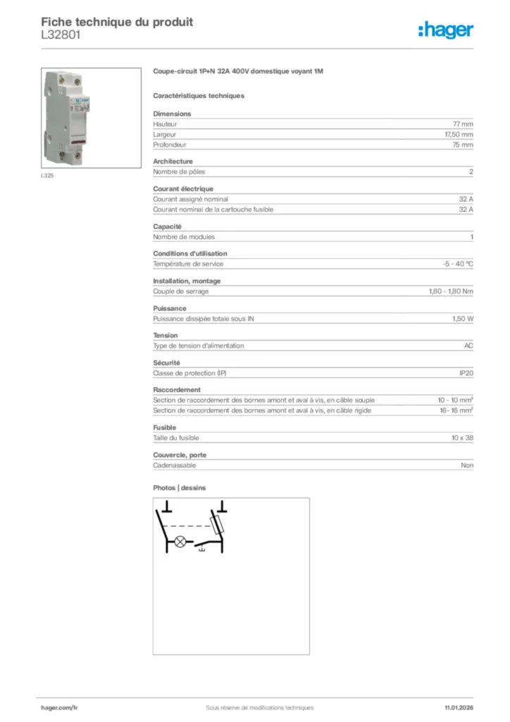 Image Hager Fiche technique du produit L32801 | Hager France