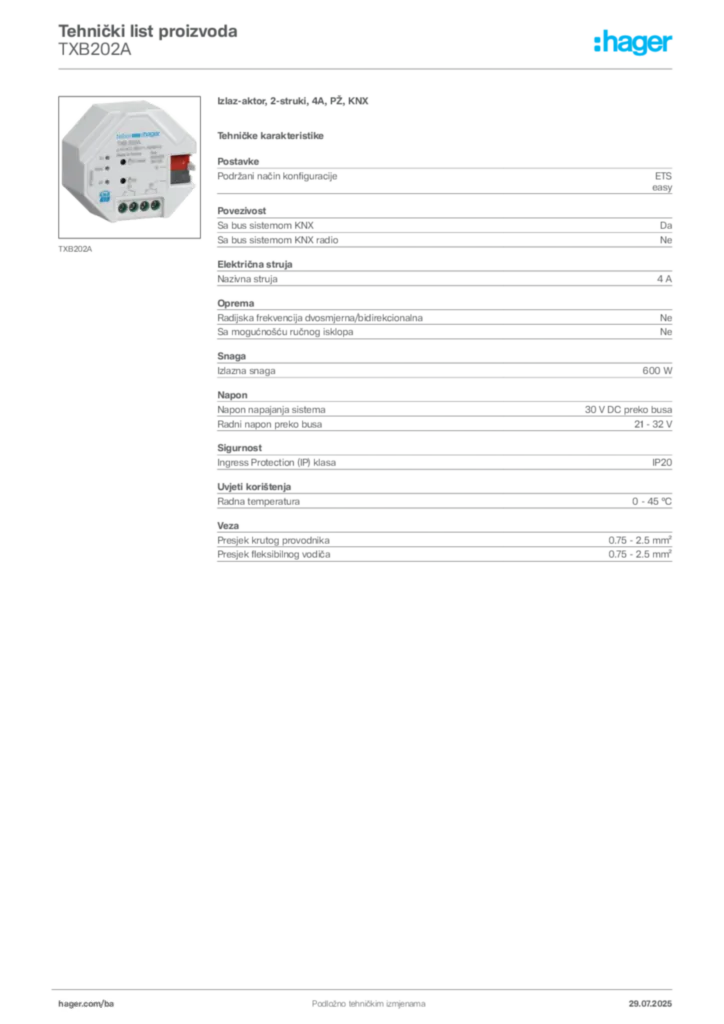 Slika Hager Product data sheet TXB202A  | Hager