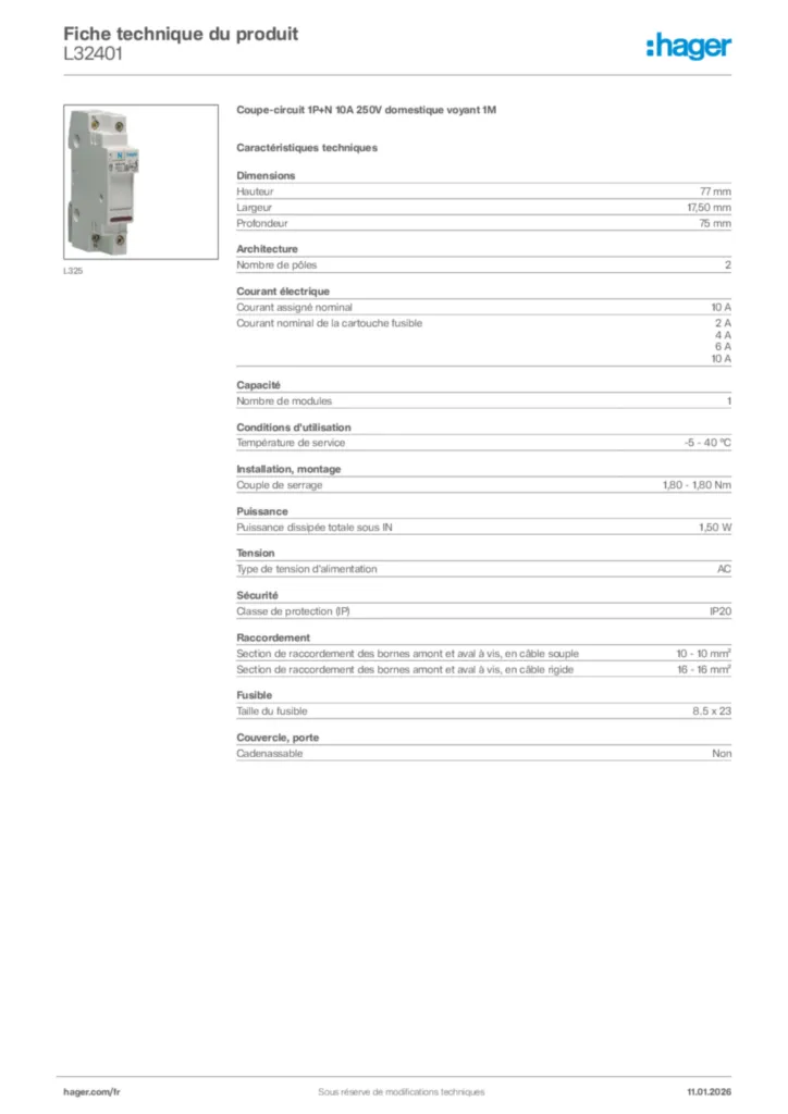 Image Hager Fiche technique du produit L32401 | Hager France