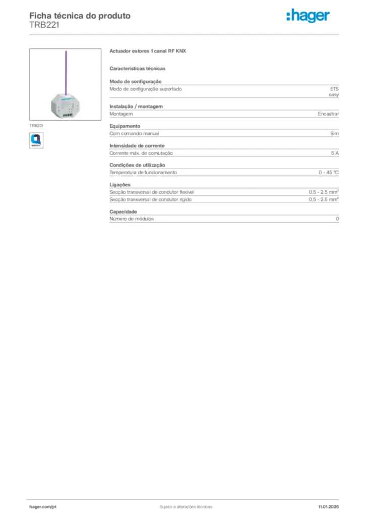 Imagem Hager Ficha técnica do produto TRB221 | Hager Portugal