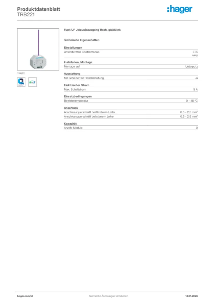 Bild Hager Produktdatenblatt TRB221 | Hager Deutschland