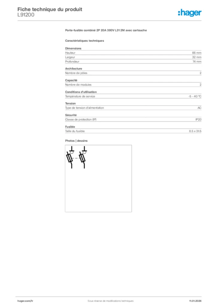 Image Hager Fiche technique du produit L91200 | Hager France