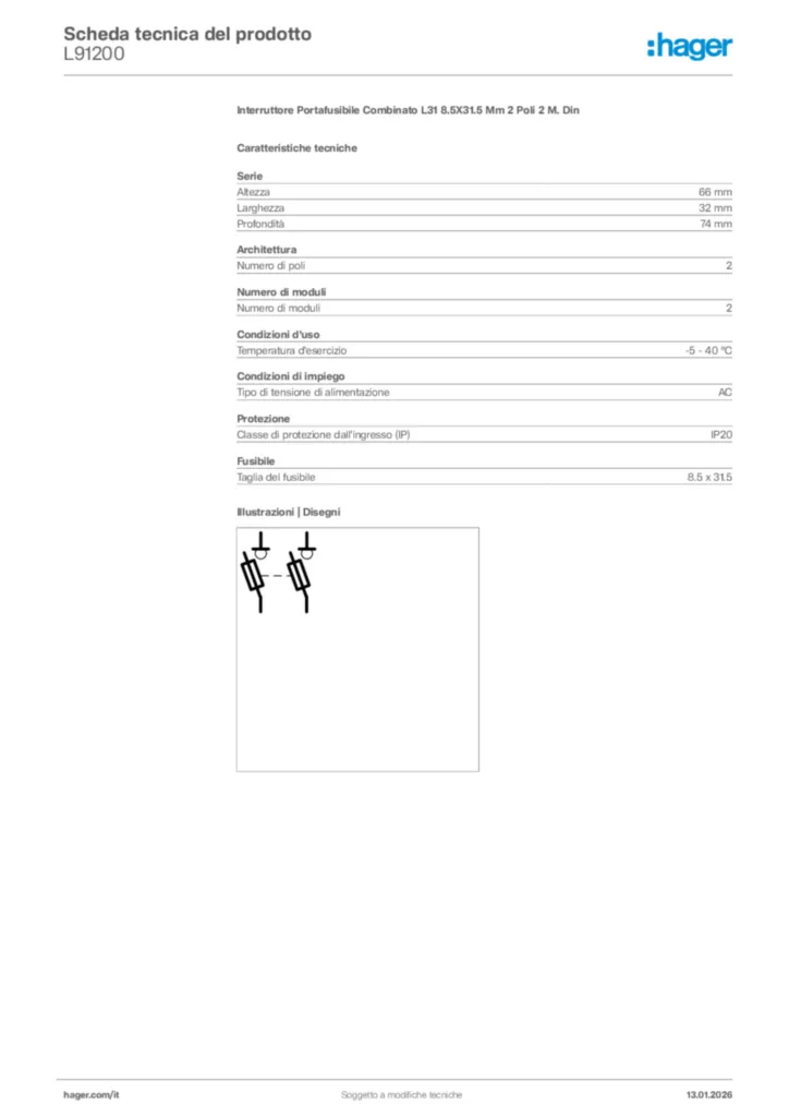 Immagine Hager Scheda tecnica del prodotto L91200 | Hager Italia