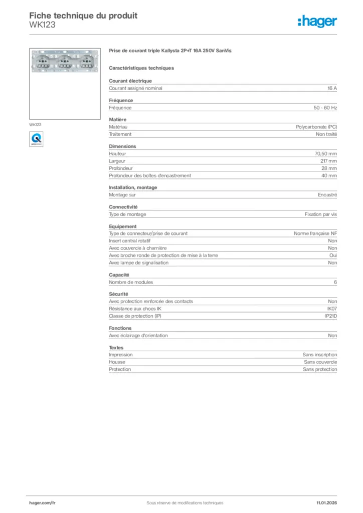 Image Hager Fiche technique du produit WK123 | Hager France