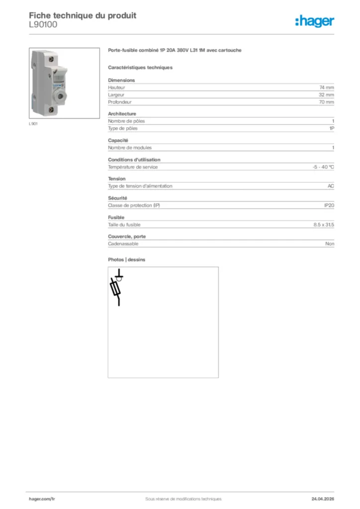Image Hager Fiche technique du produit L90100 | Hager France