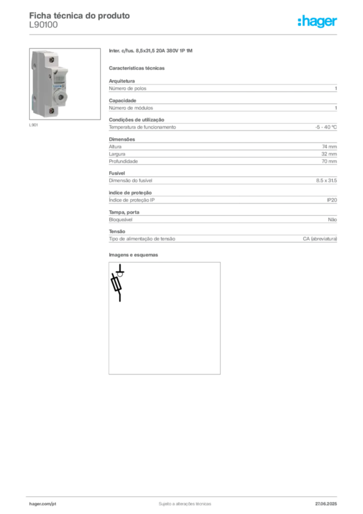 Imagem Hager Ficha técnica do produto L90100 | Hager Portugal
