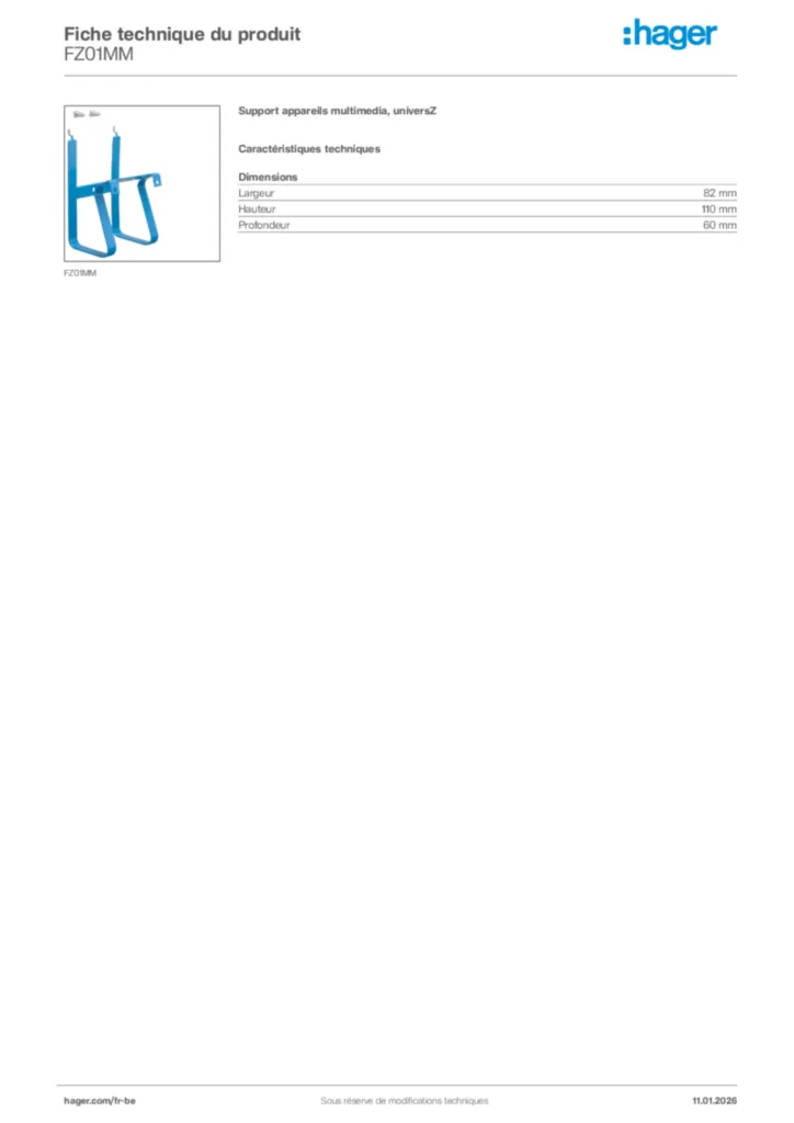 Image Hager Fiche technique du produit FZ01MM | Hager Belgique