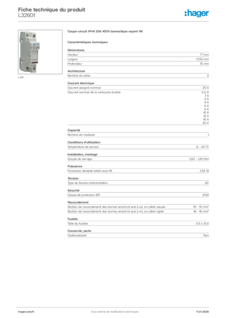 Image Hager Fiche technique du produit L32601 | Hager France