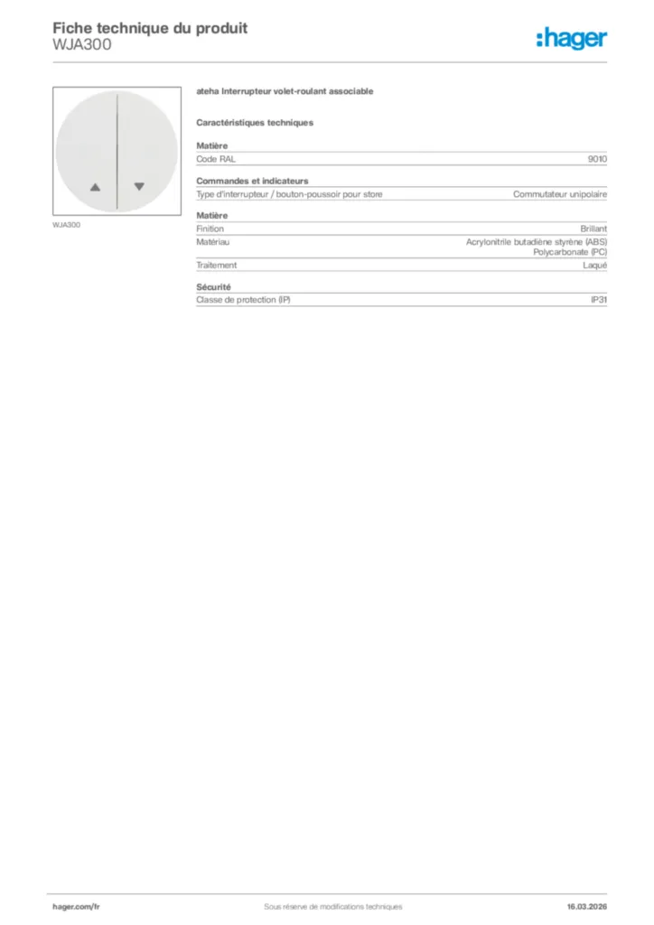 Image Hager Fiche technique du produit WJA300 | Hager France