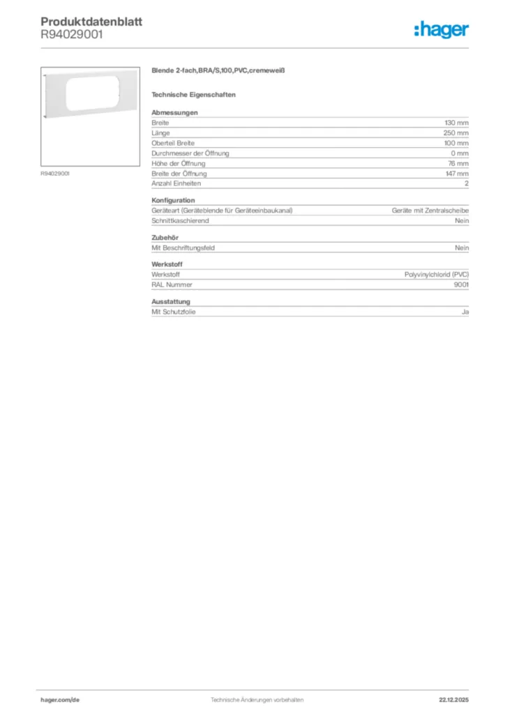 Bild Hager Produktdatenblatt R94029001 | Hager Deutschland