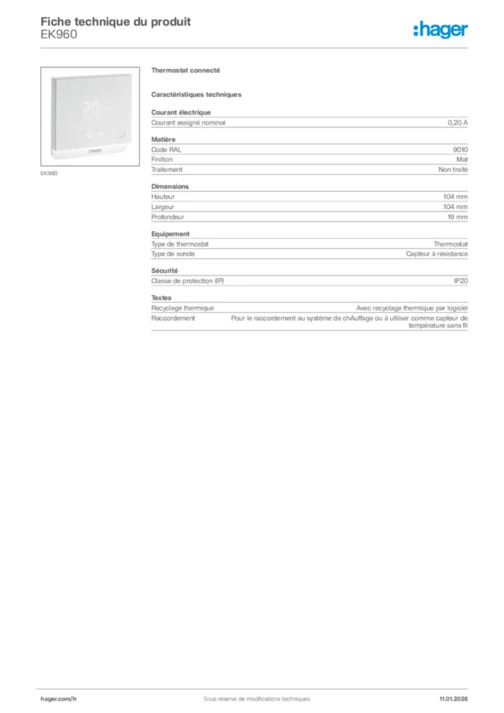 Image Hager Fiche technique du produit EK960 | Hager France