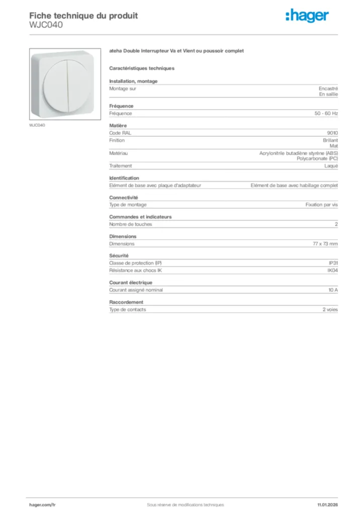 Image Hager Fiche technique du produit WJC040 | Hager France