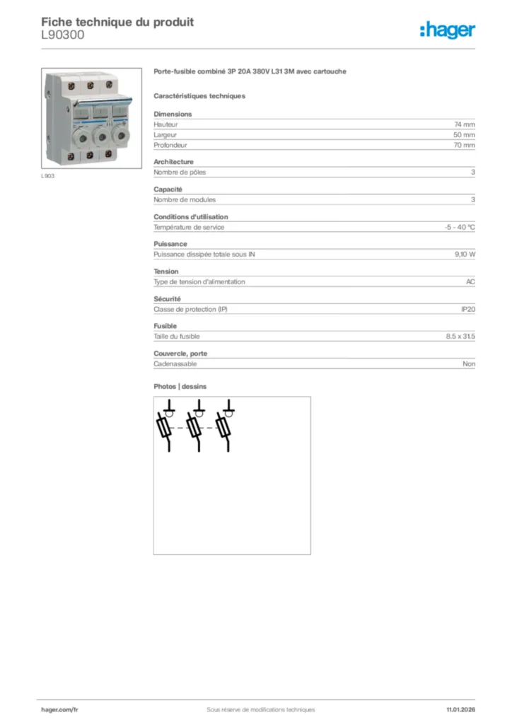Image Hager Fiche technique du produit L90300 | Hager France
