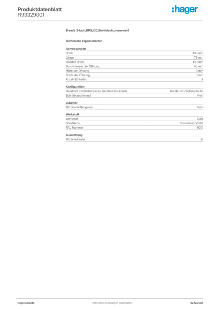 Bild Hager Produktdatenblatt R93329001 | Hager Deutschland
