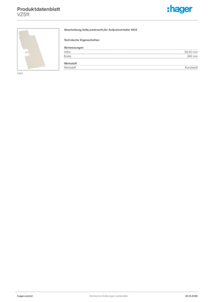 Bild Hager Produktdatenblatt VZ511 | Hager Deutschland