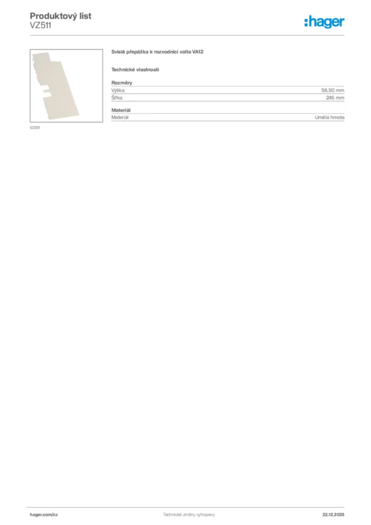 Obrázek Hager Produktový list VZ511 | Hager