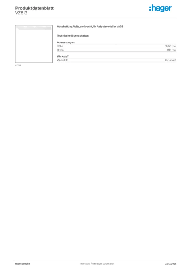 Bild Hager Produktdatenblatt VZ513 | Hager Deutschland