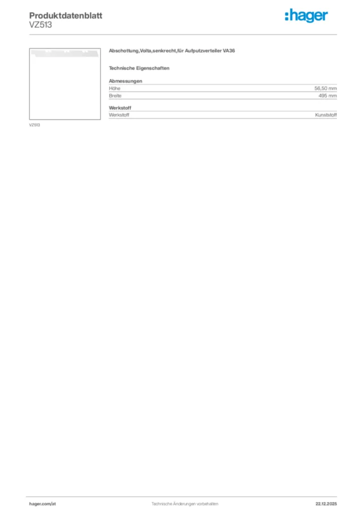 Bild Hager Produktdatenblatt VZ513 | Hager Deutschland