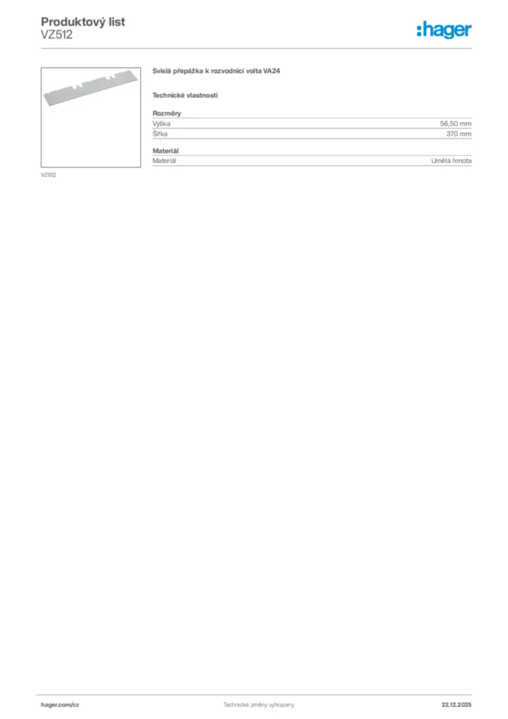 Obrázek Hager Produktový list VZ512 | Hager