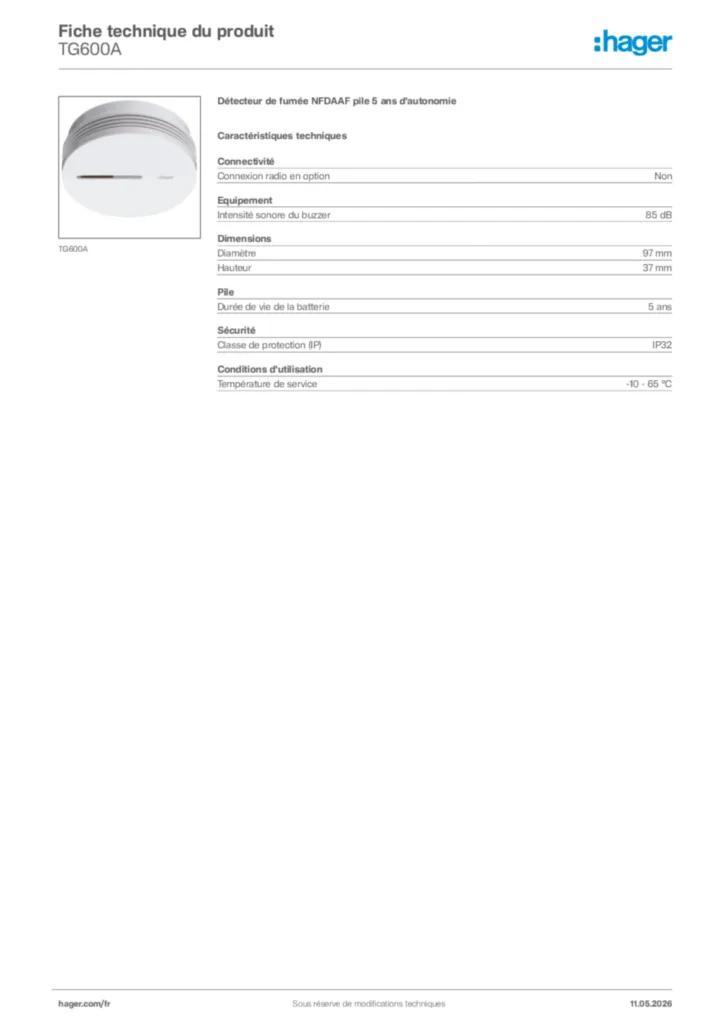 Image Hager Fiche technique du produit TG600A | Hager France