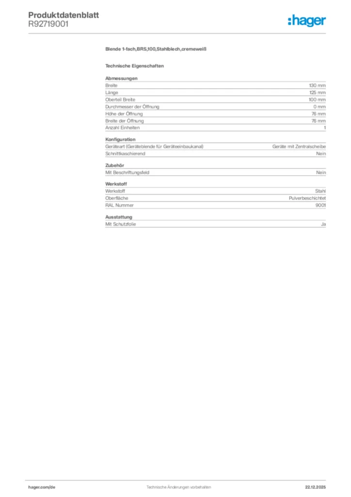 Bild Hager Produktdatenblatt R92719001 | Hager Deutschland