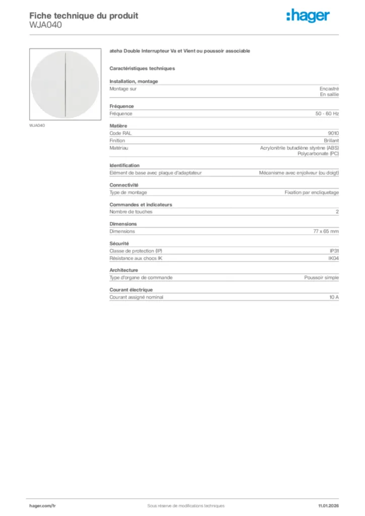 Image Hager Fiche technique du produit WJA040 | Hager France