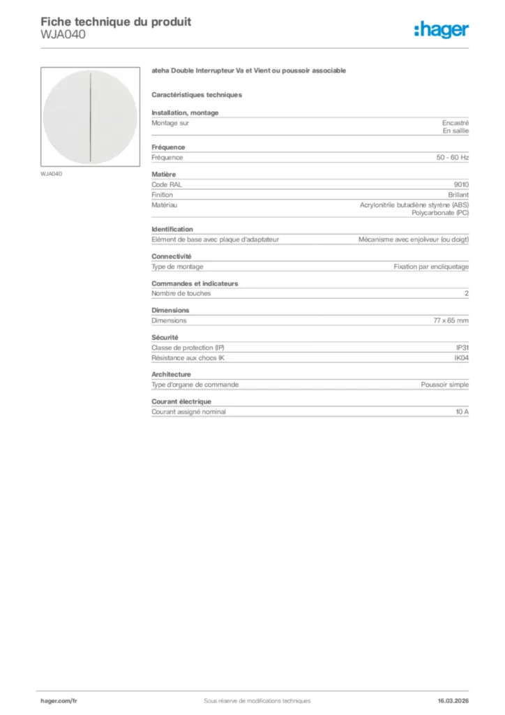 Image Hager Fiche technique du produit WJA040 | Hager France