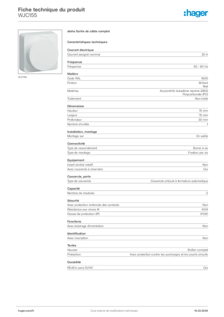 Image Hager Fiche technique du produit WJC155 | Hager France