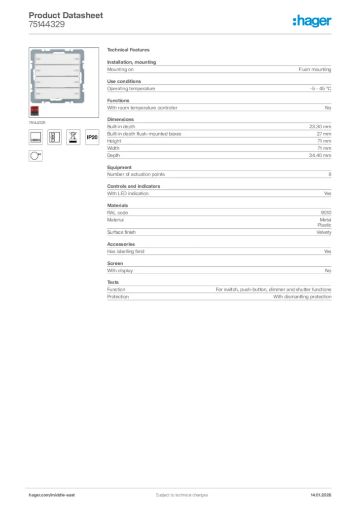 Image Hager Product data sheet 75144329  | Hager