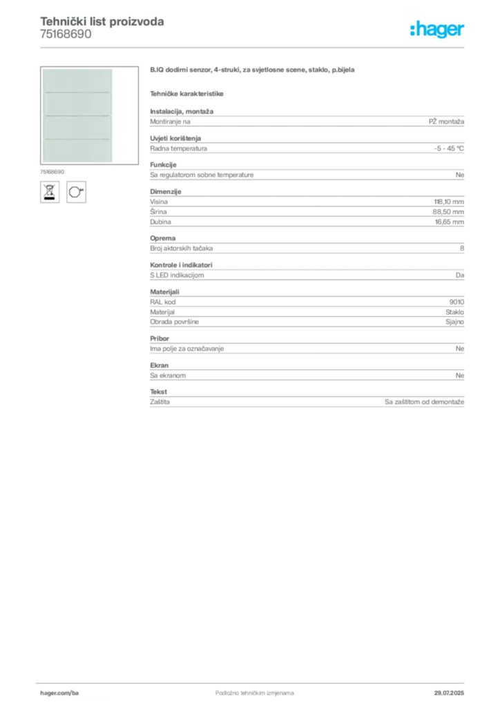 Slika Hager Product data sheet 75168690  | Hager