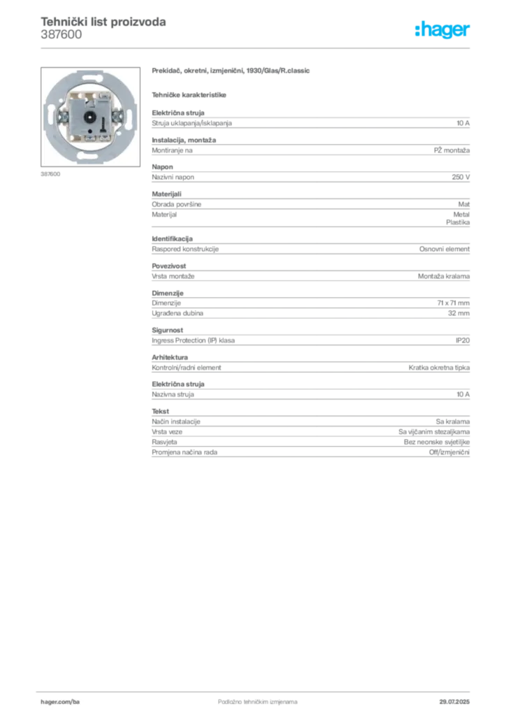 Slika Hager Product data sheet 387600  | Hager
