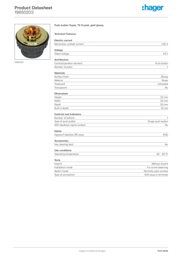 Image Hager Product data sheet 19650203  | Hager