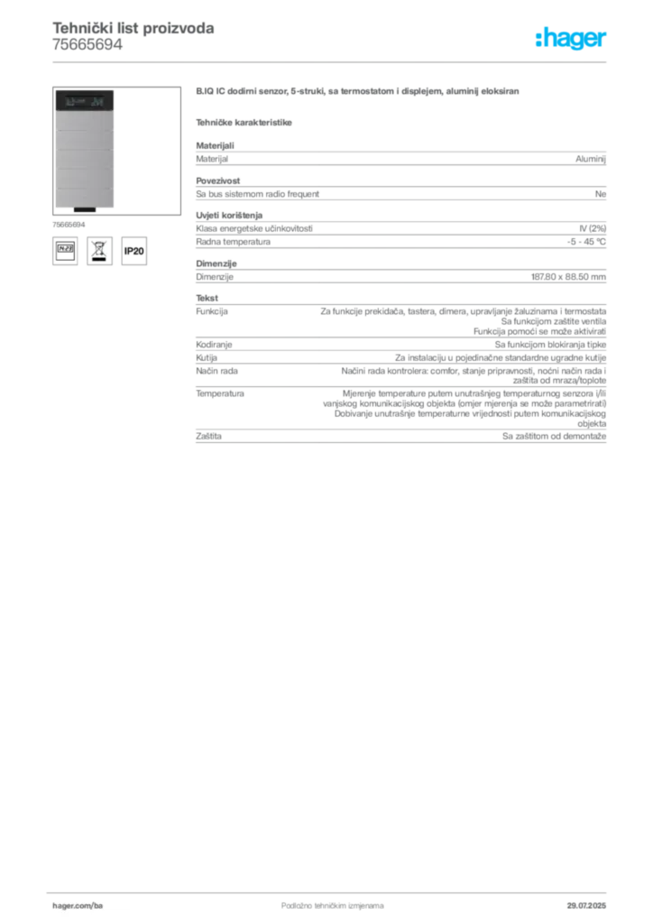 Slika Hager Product data sheet 75665694  | Hager
