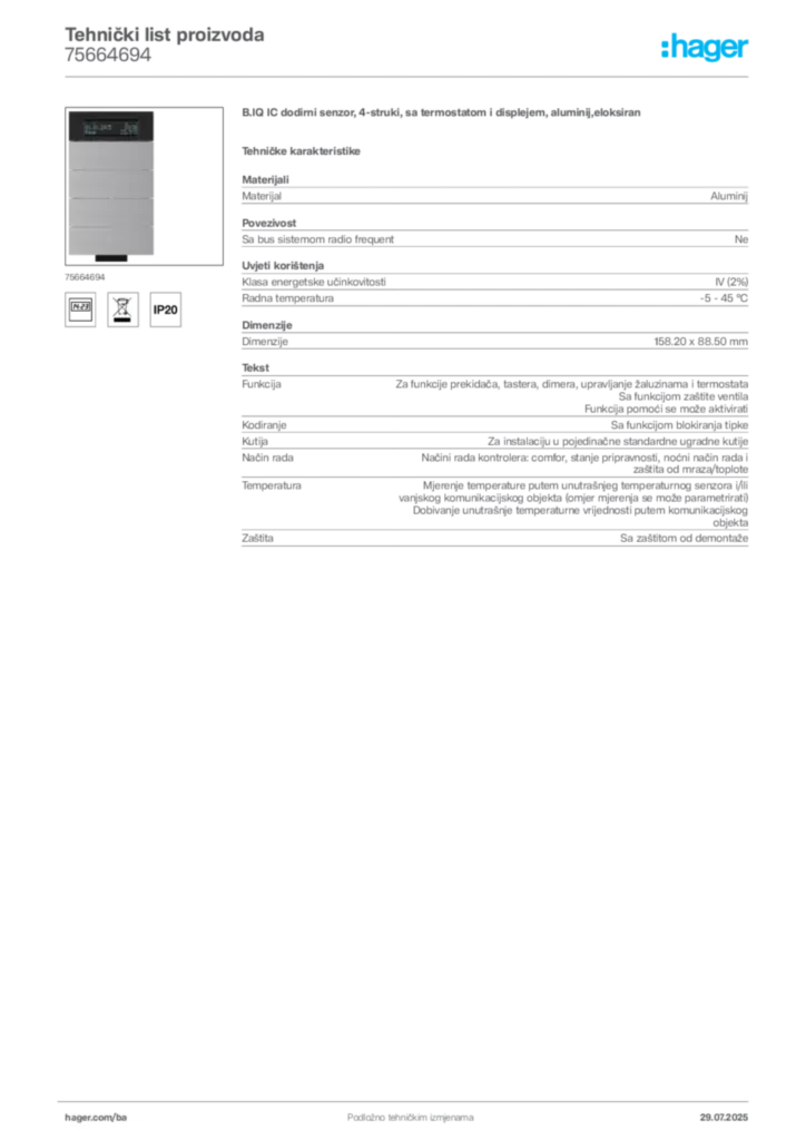 Slika Hager Product data sheet 75664694  | Hager