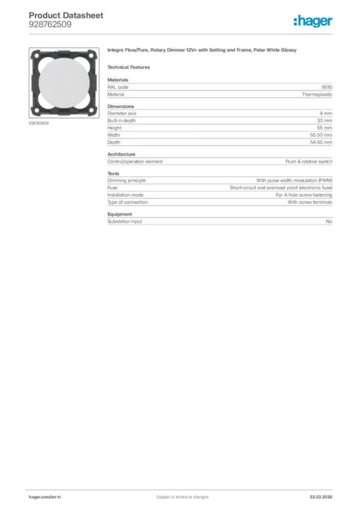 Image Hager Product data sheet 928762509  | Hager