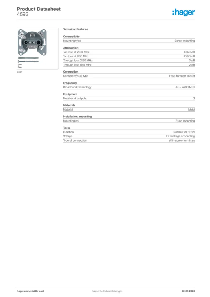 Image Hager Product data sheet 4593  | Hager