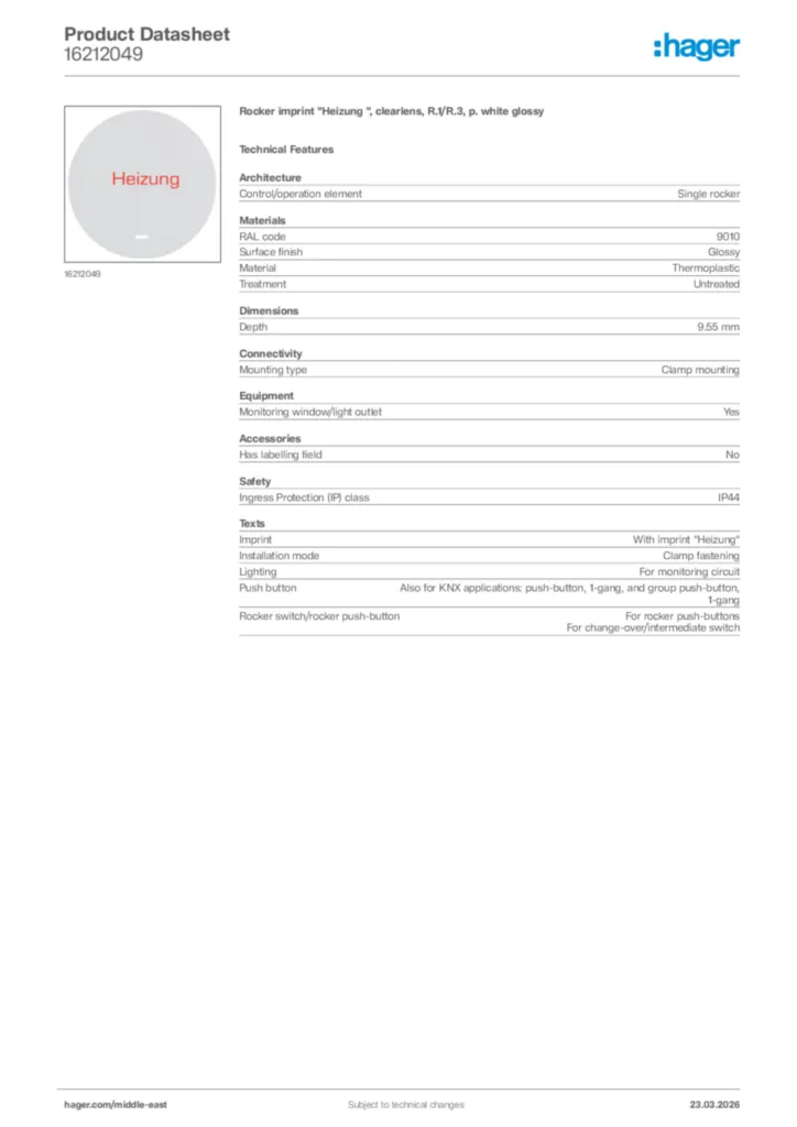 Image Hager Product data sheet 16212049  | Hager