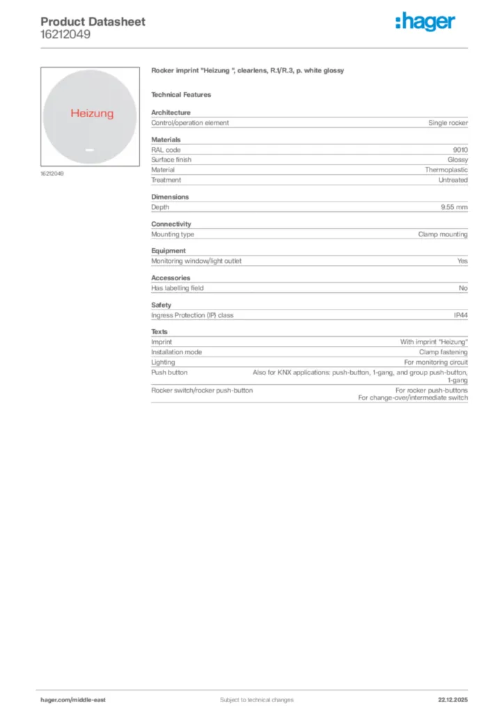 Image Hager Product data sheet 16212049  | Hager