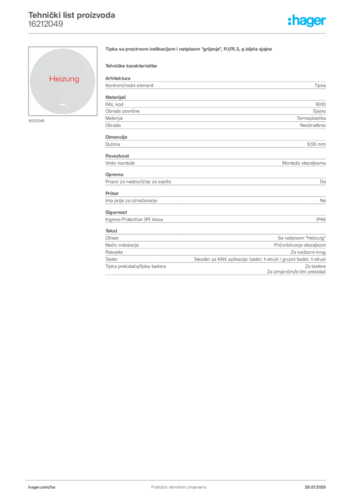 Slika Hager Product data sheet 16212049  | Hager