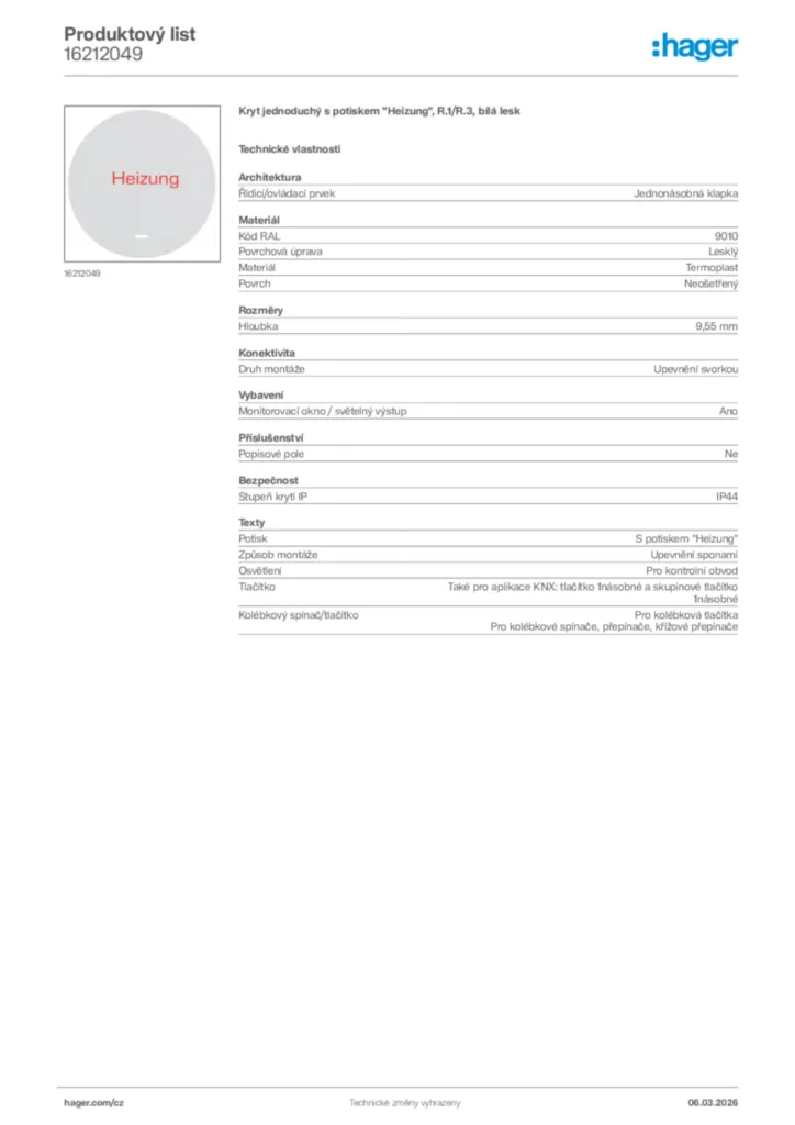 Obrázek Hager Product data sheet 16212049 | Hager