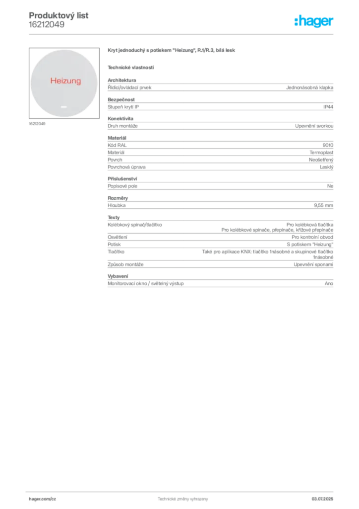 Obrázek Hager Produktový list 16212049 | Hager