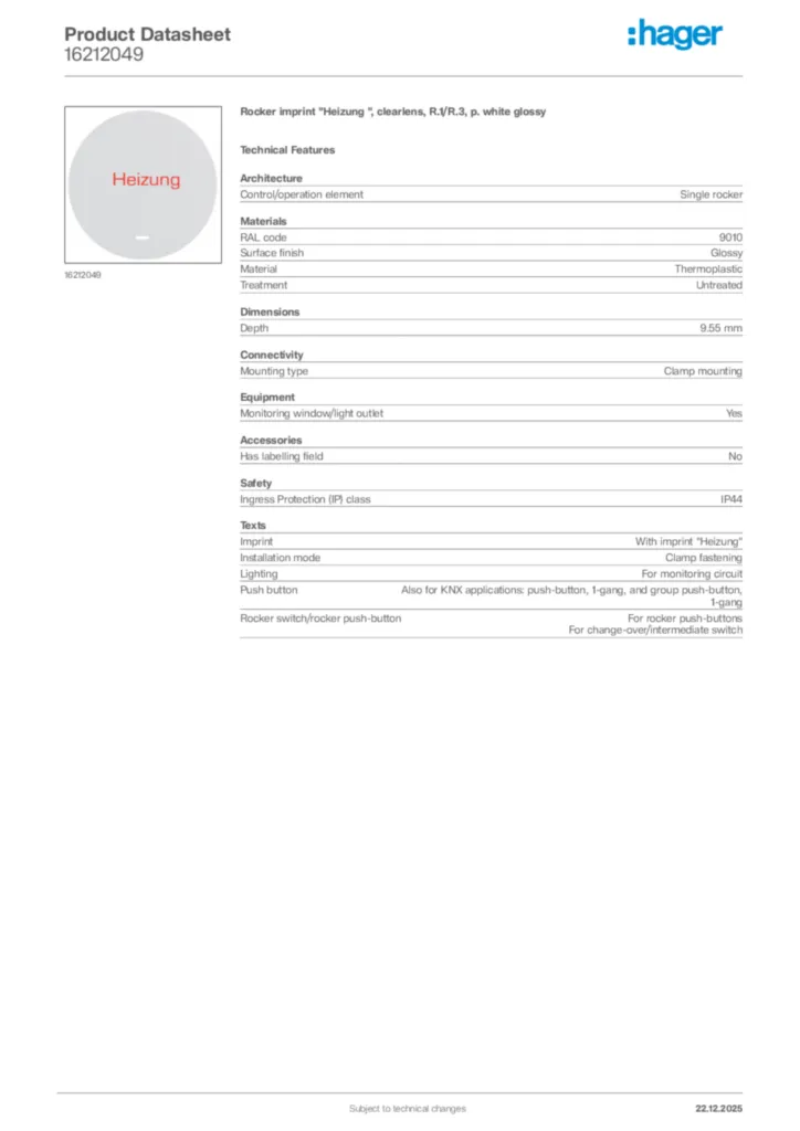 Image Hager Product data sheet 16212049  | Hager