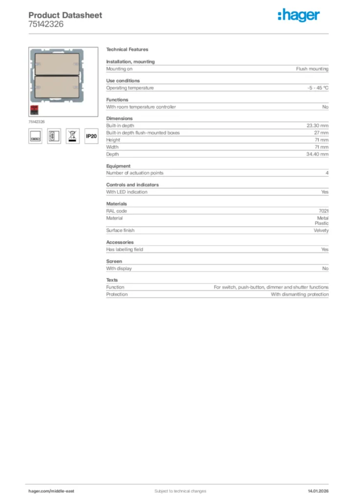Image Hager Product data sheet 75142326  | Hager
